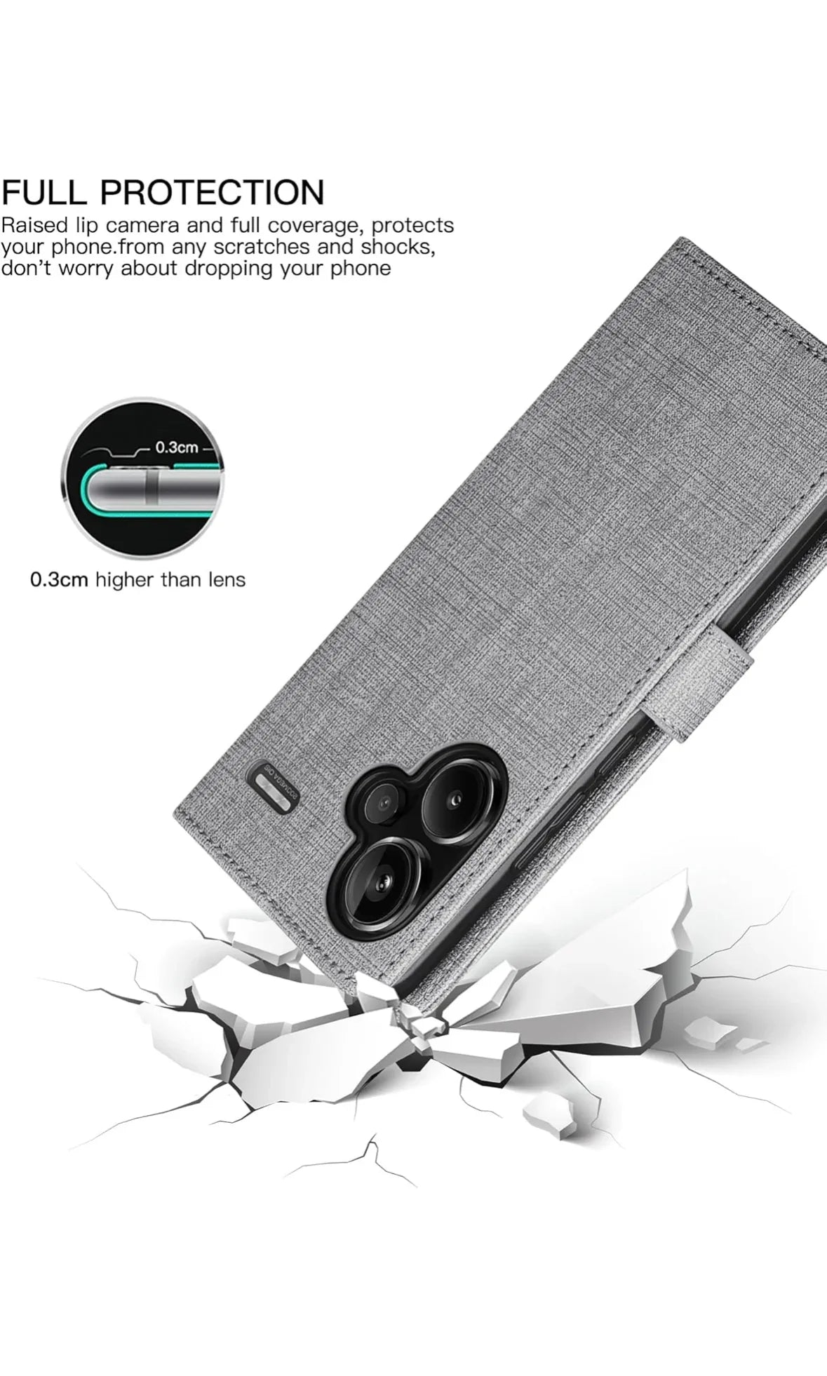 Foluu Xiaomi Redmi Note 13 Pro Plus Hülle – Premium Leder, Standfunktion, Kartenfach, Magnetverschluss, Stoßfest, Grau - Vekoshop