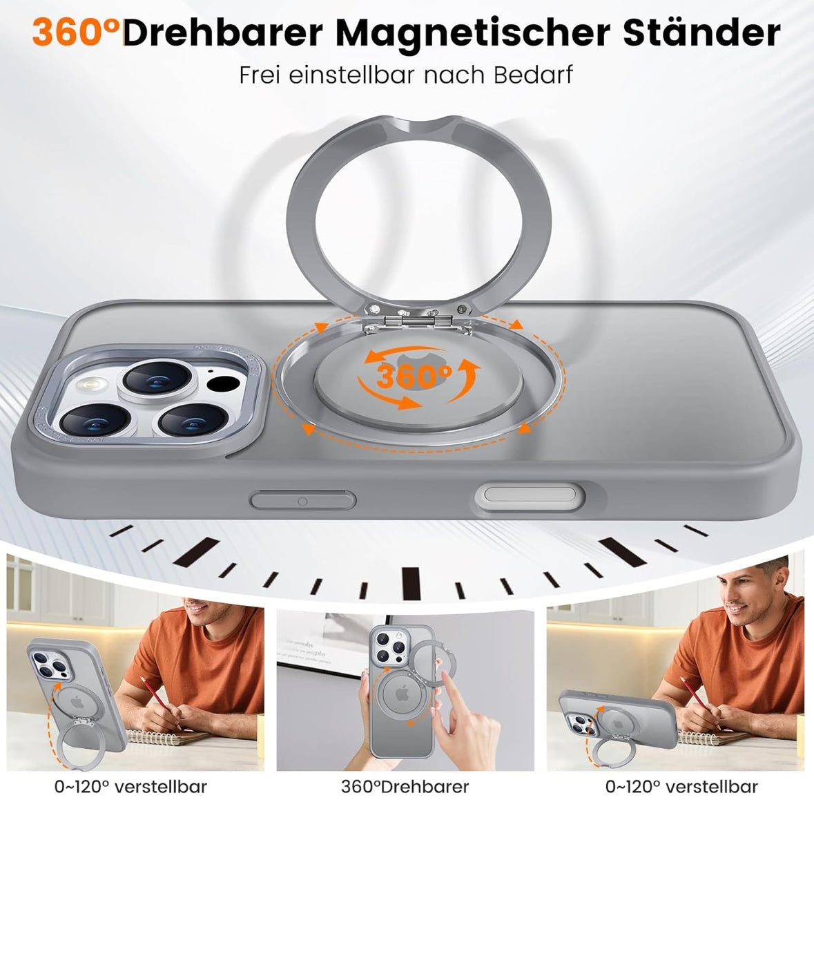 Srotek iPhone 15 Pro Max Hülle – 360° Ringhalter, Stoßfest, Matt-Durchscheinend, All-in-1 Schutzhülle