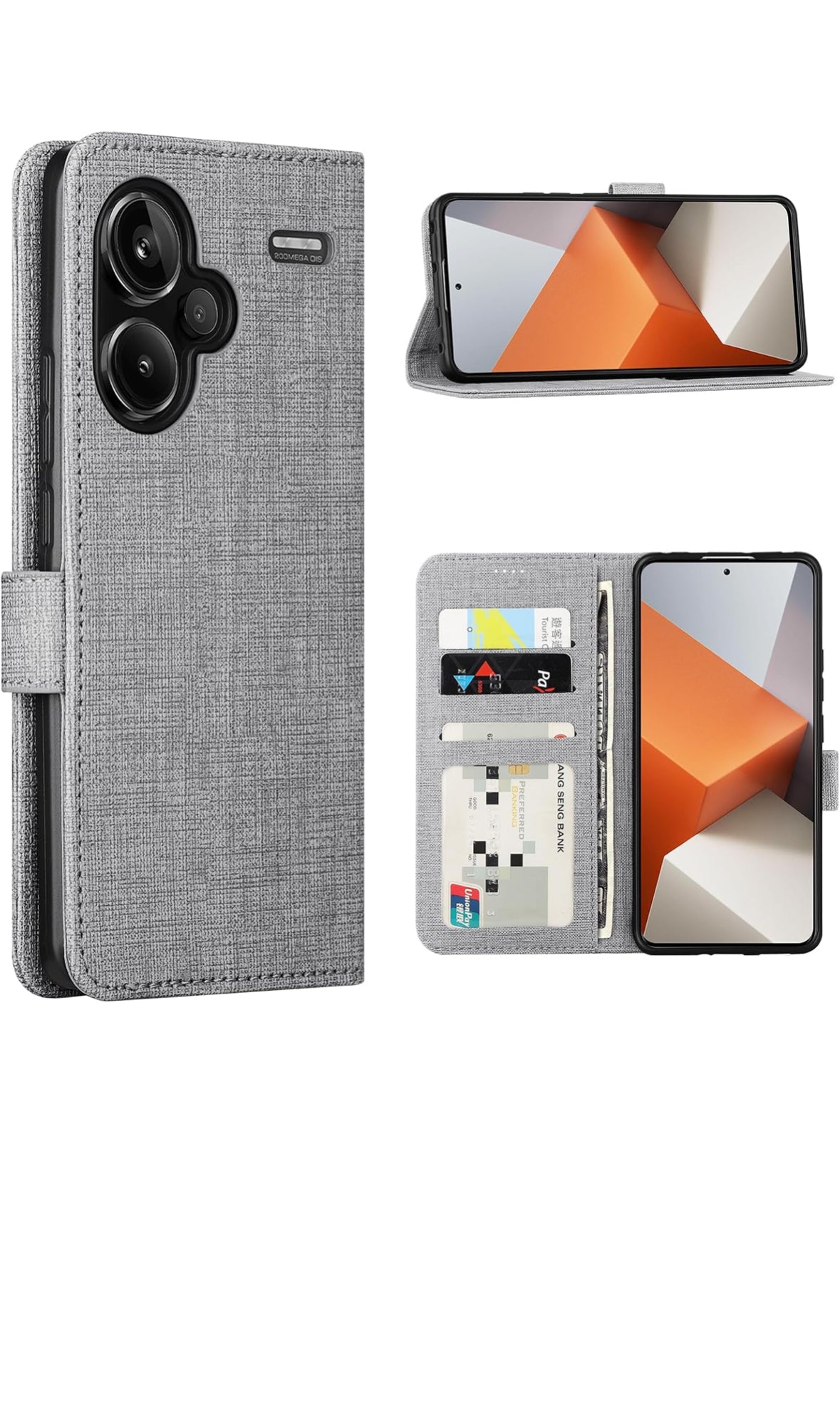 Foluu Xiaomi Redmi Note 13 Pro Plus Hülle – Premium Leder, Standfunktion, Kartenfach, Magnetverschluss, Stoßfest, Grau