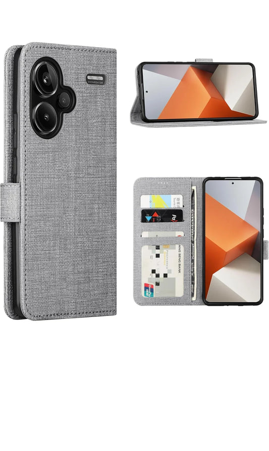 Foluu Xiaomi Redmi Note 13 Pro Plus Hülle – Premium Leder, Standfunktion, Kartenfach, Magnetverschluss, Stoßfest, Grau - Vekoshop