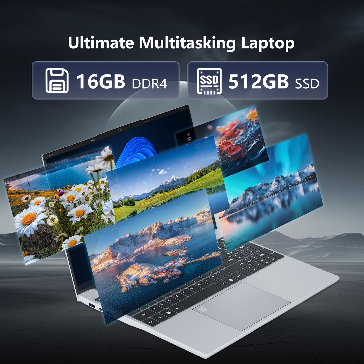 15,6" MOACRETO Laptop – Intel N95, 16 GB DDR4, 512 GB SSD, 1080P IPS, Fingerabdruck, WiFi 5, USB 3.0, BT4.2
