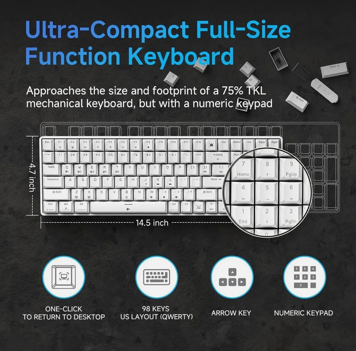 T98SE Gaming Tastatur – 98 Tasten, Mechanische Blaue Switches, LED-Beleuchtung, Weiß, USB-C, US-Layout - Vekoshop