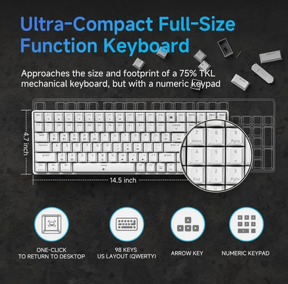 T98SE Gaming Tastatur – 98 Tasten, Mechanische Blaue Switches, LED-Beleuchtung, Weiß, USB-C, US-Layout - Vekoshop