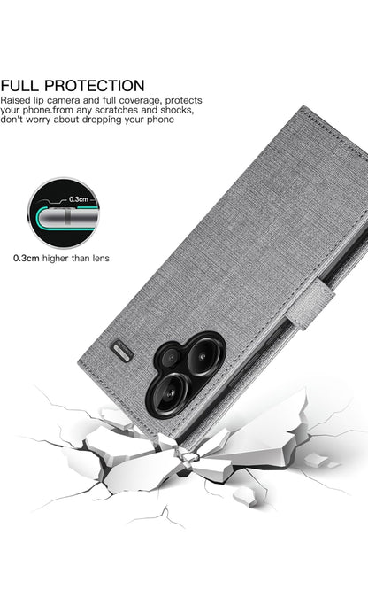 Foluu Xiaomi Redmi Note 13 Pro Plus Hülle – Premium Leder, Standfunktion, Kartenfach, Magnetverschluss, Stoßfest, Grau