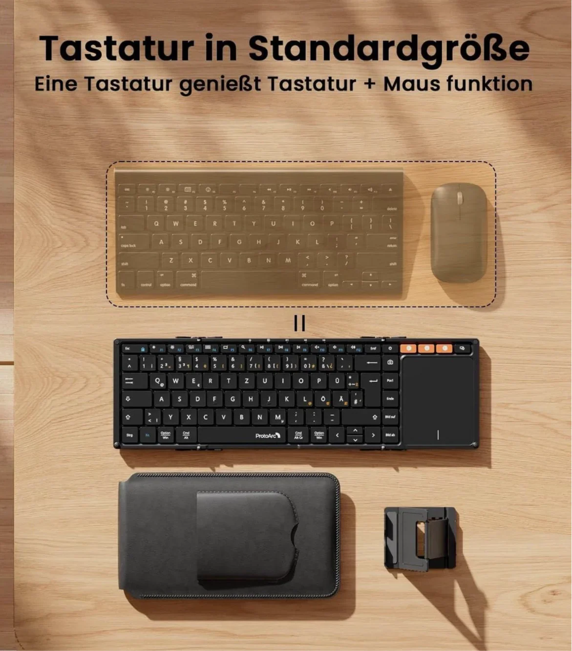 ProtoArc XK01 TP Bluetooth Klapp-Tastatur mit Touchpad – QWERTZ Deutsch, faltbar, kabellos, mit Schutzhülle und Handyhalterung - Vekoshop