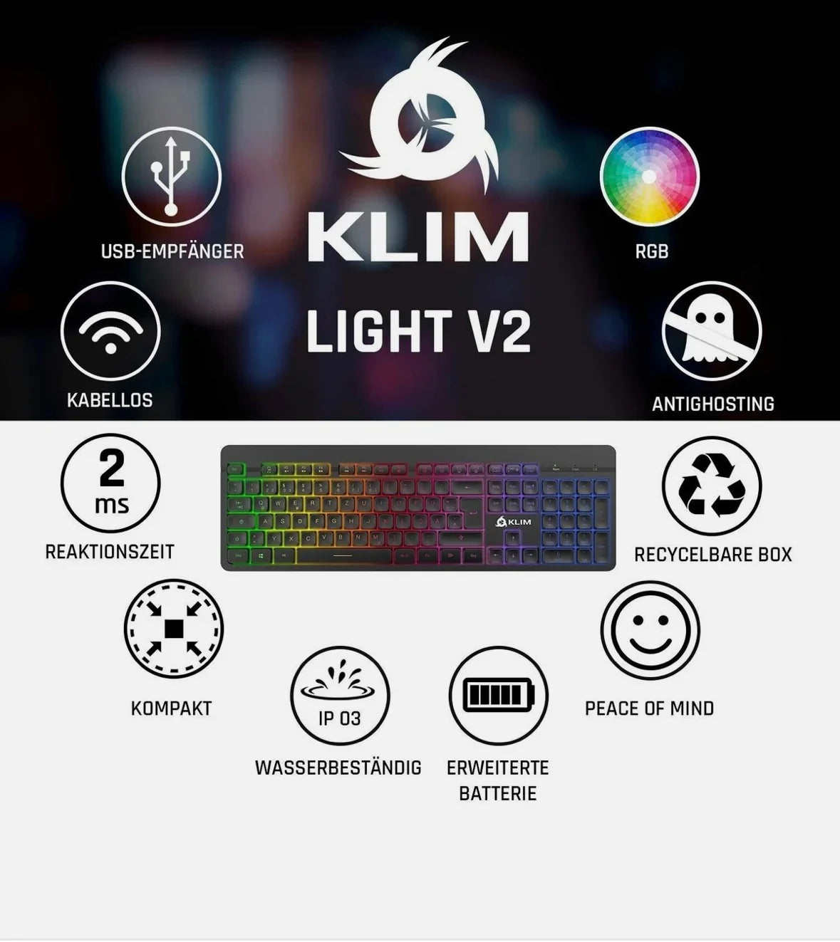KLIM Light V2 – Kabellose Gaming-Tastatur QWERTZ mit Beleuchtung & Antighosting - Vekoshop