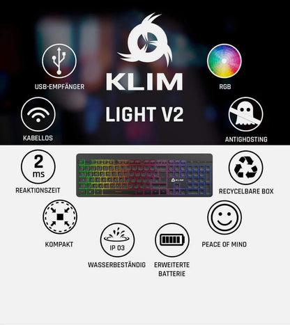 KLIM Light V2 – Kabellose Gaming-Tastatur QWERTZ mit Beleuchtung & Antighosting - Vekoshop