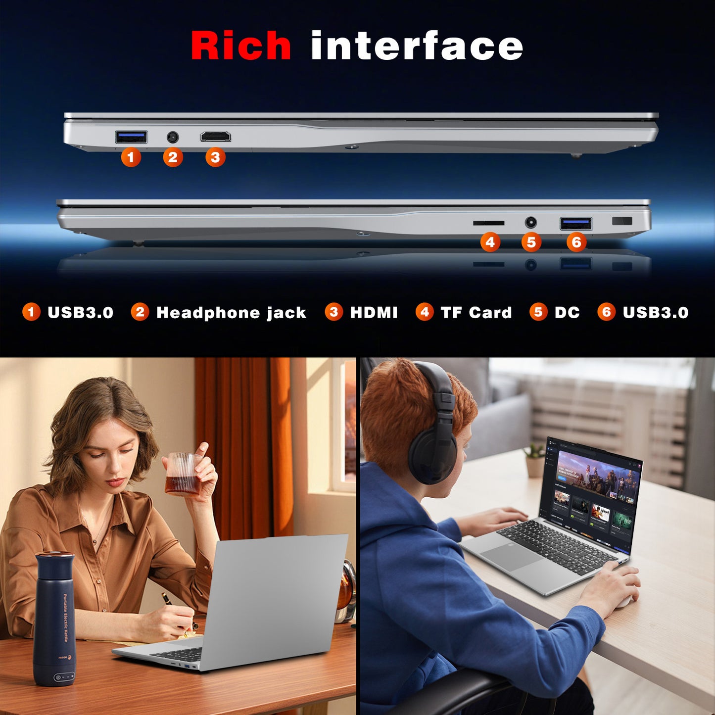 15,6" MOACRETO Laptop – Intel N95, 16 GB DDR4, 512 GB SSD, 1080P IPS, Fingerabdruck, WiFi 5, USB 3.0, BT4.2