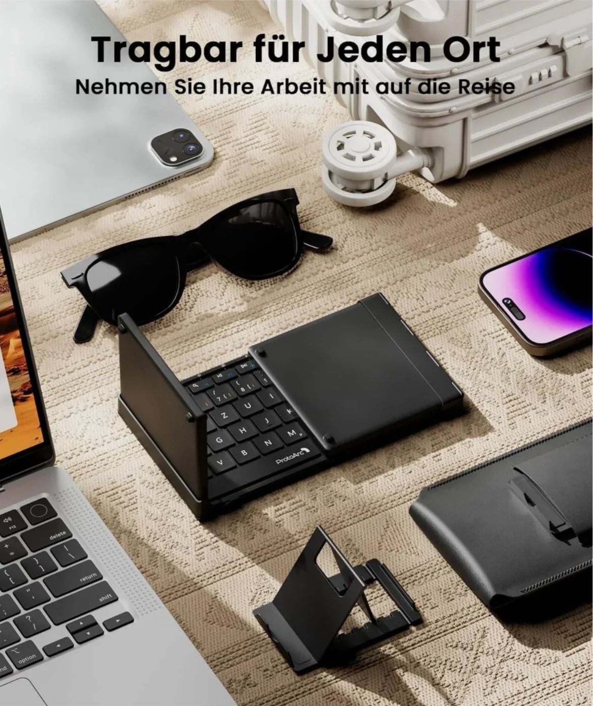 ProtoArc XK01 TP Bluetooth Klapp-Tastatur mit Touchpad – QWERTZ Deutsch, faltbar, kabellos, mit Schutzhülle und Handyhalterung - Vekoshop