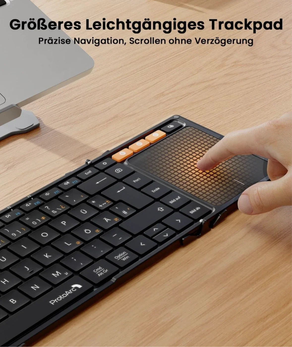 ProtoArc XK01 TP Bluetooth Klapp-Tastatur mit Touchpad – QWERTZ Deutsch, faltbar, kabellos, mit Schutzhülle und Handyhalterung - Vekoshop