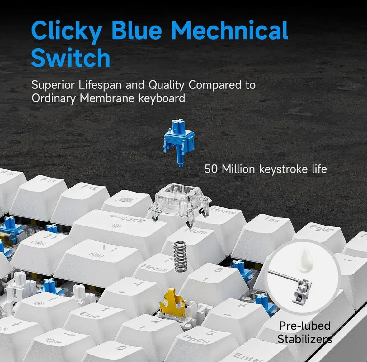 T98SE Gaming Tastatur – 98 Tasten, Mechanische Blaue Switches, LED-Beleuchtung, Weiß, USB-C, US-Layout - Vekoshop