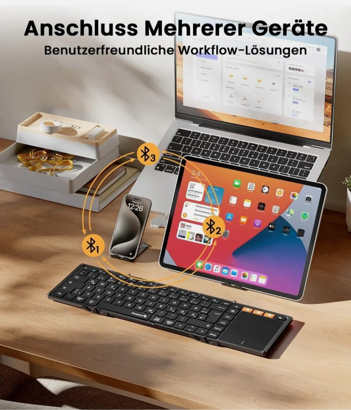 ProtoArc XK01 TP Bluetooth Klapp-Tastatur mit Touchpad – QWERTZ Deutsch, faltbar, kabellos, mit Schutzhülle und Handyhalterung - Vekoshop
