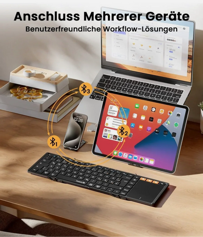 ProtoArc XK01 TP Bluetooth Klapp-Tastatur mit Touchpad – QWERTZ Deutsch, faltbar, kabellos, mit Schutzhülle und Handyhalterung - Vekoshop