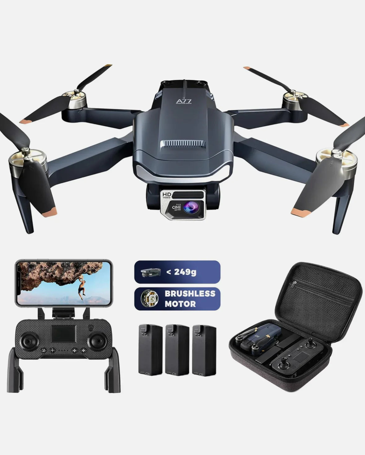 CHUBORY A77 Drohne mit 4K Kamera – 84 Min. Flugzeit, 3 Batterien, bürstenlose Motoren, faltbar mit Tragetasche - Vekoshop