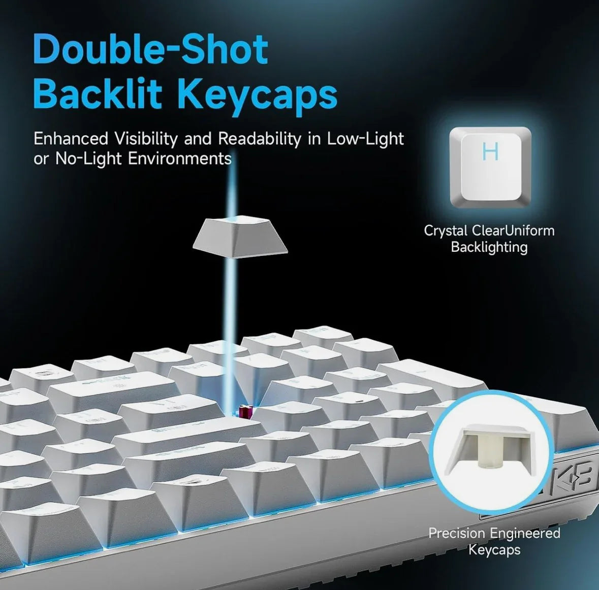 T98SE Gaming Tastatur – 98 Tasten, Mechanische Blaue Switches, LED-Beleuchtung, Weiß, USB-C, US-Layout - Vekoshop