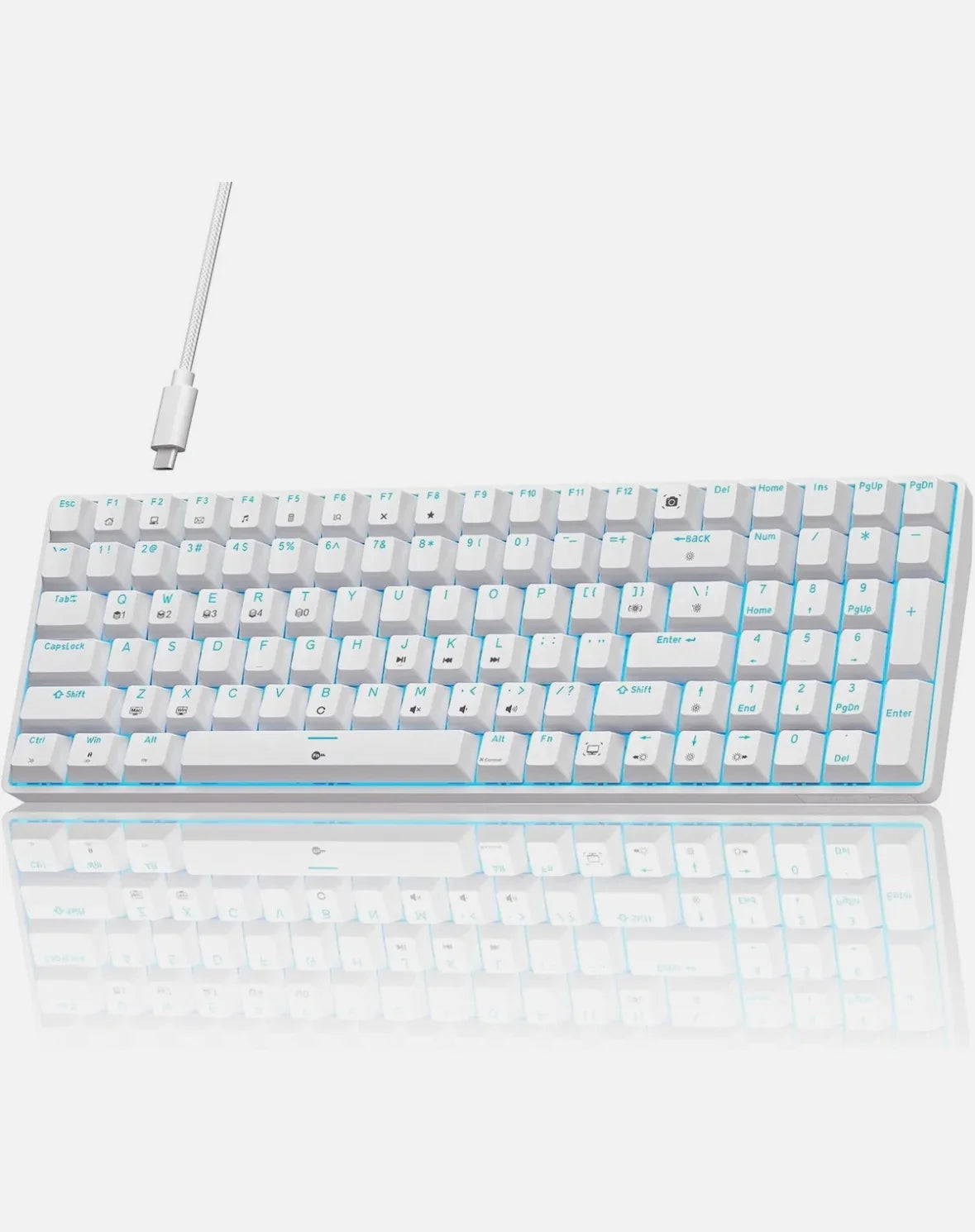 T98SE Gaming Tastatur – 98 Tasten, Mechanische Blaue Switches, LED-Beleuchtung, Weiß, USB-C, US-Layout - Vekoshop