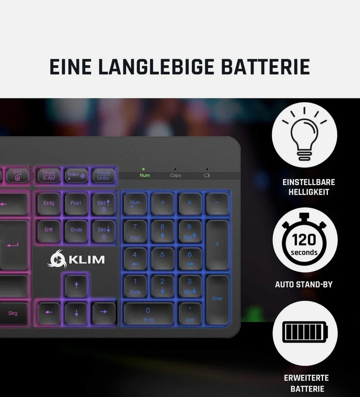 KLIM Light V2 – Kabellose Gaming-Tastatur QWERTZ mit Beleuchtung & Antighosting - Vekoshop