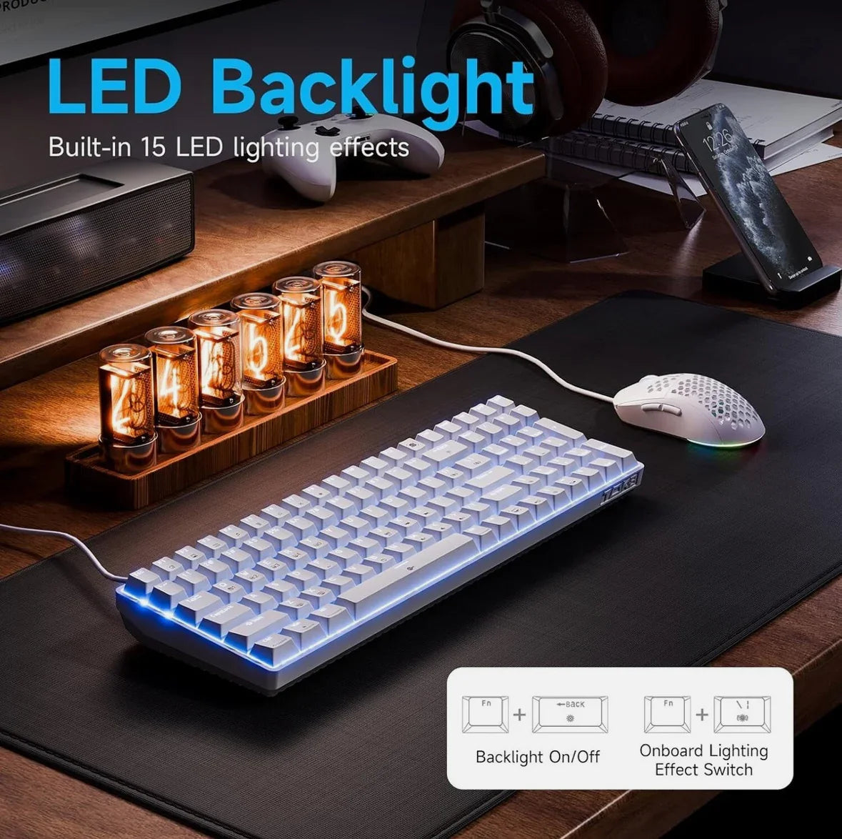 T98SE Gaming Tastatur – 98 Tasten, Mechanische Blaue Switches, LED-Beleuchtung, Weiß, USB-C, US-Layout - Vekoshop