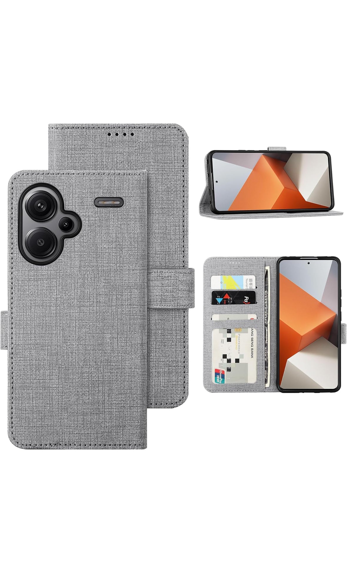 Foluu Xiaomi Redmi Note 13 Pro Plus Hülle – Premium Leder, Standfunktion, Kartenfach, Magnetverschluss, Stoßfest, Grau