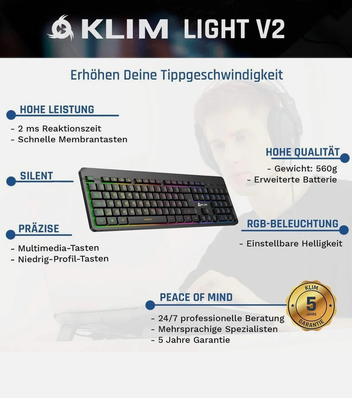 KLIM Light V2 – Kabellose Gaming-Tastatur QWERTZ mit Beleuchtung & Antighosting - Vekoshop