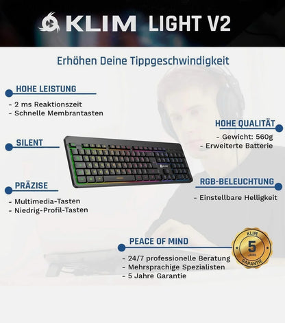 KLIM Light V2 – Kabellose Gaming-Tastatur QWERTZ mit Beleuchtung & Antighosting - Vekoshop