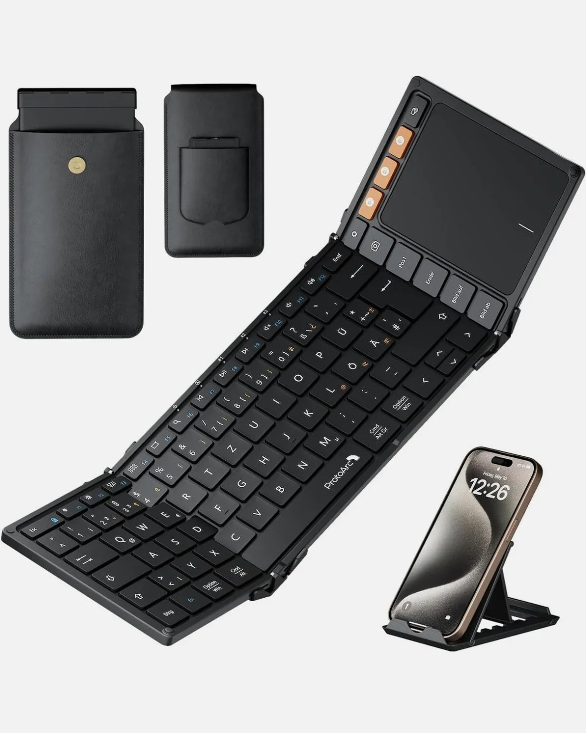 ProtoArc XK01 TP Bluetooth Klapp-Tastatur mit Touchpad – QWERTZ Deutsch, faltbar, kabellos, mit Schutzhülle und Handyhalterung - Vekoshop