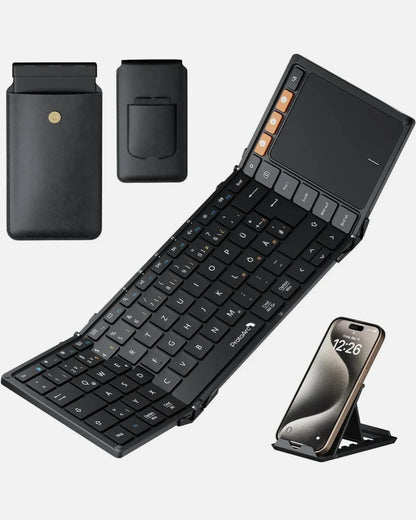 ProtoArc XK01 TP Bluetooth Klapp-Tastatur mit Touchpad – QWERTZ Deutsch, faltbar, kabellos, mit Schutzhülle und Handyhalterung - Vekoshop