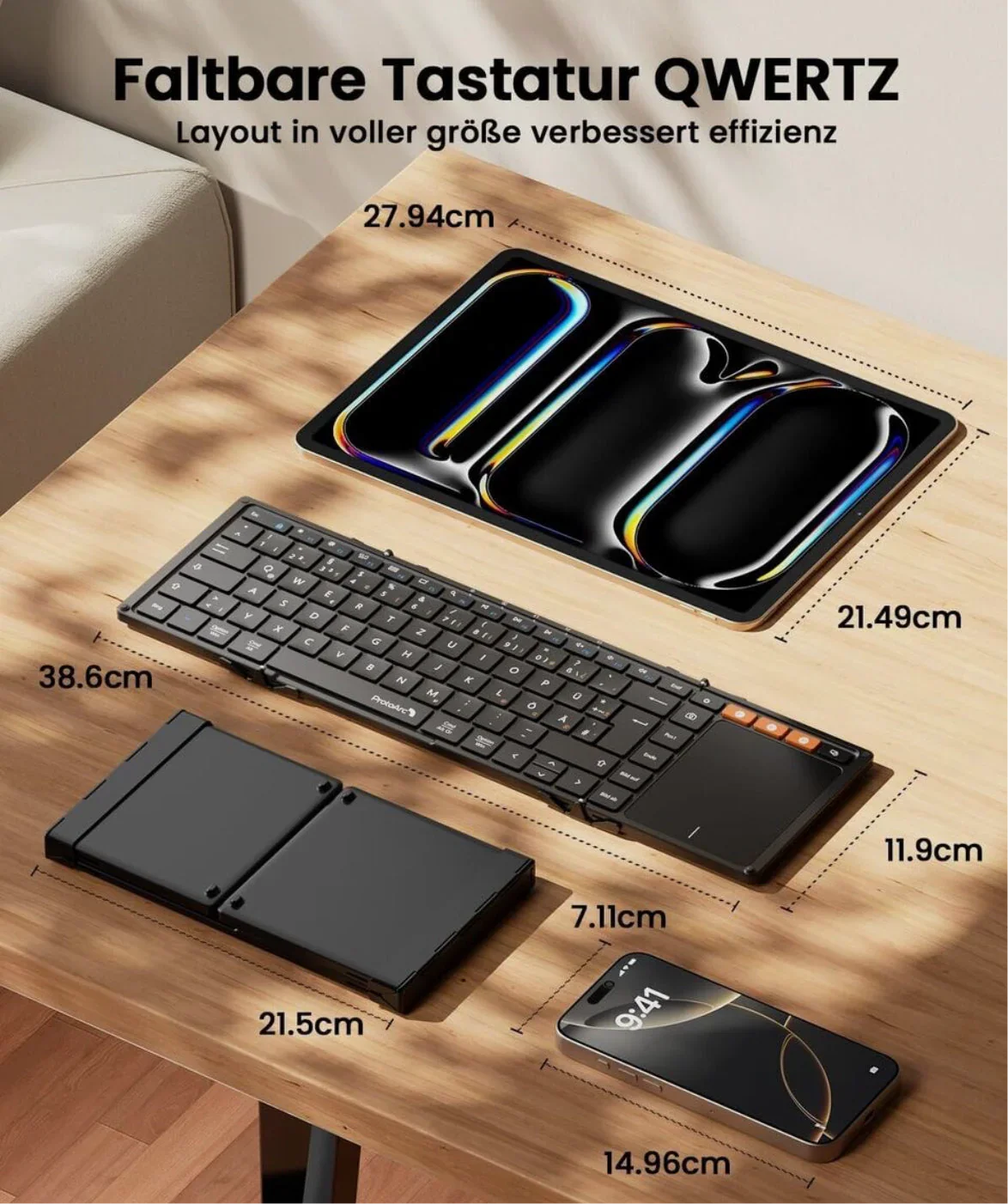 ProtoArc XK01 TP Bluetooth Klapp-Tastatur mit Touchpad – QWERTZ Deutsch, faltbar, kabellos, mit Schutzhülle und Handyhalterung - Vekoshop