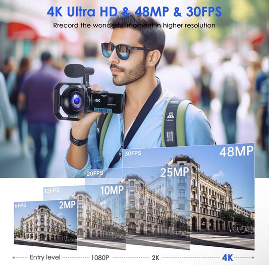 4K Ultra HD-Digitalvideokamera mit Mikrofon, Nachtsicht, WLAN und Stabilisierung
